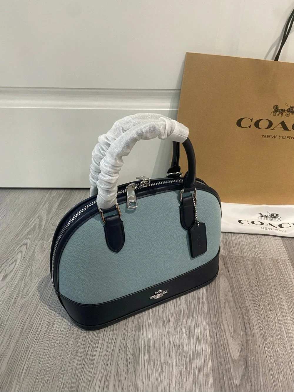 Coach Dome Satchel in Light Blue and Black Pebbled Leather
